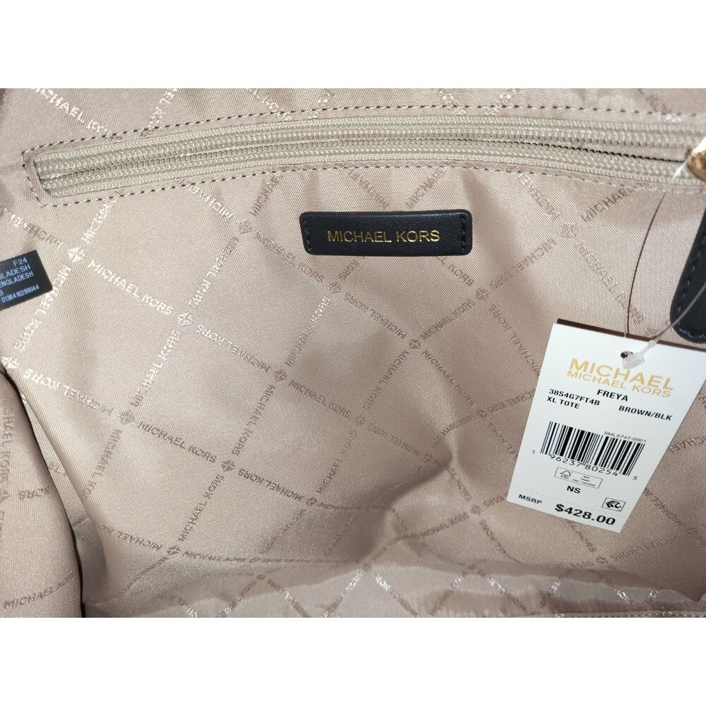 NWT Michael Kors Chantal Large Logo Tote Bag Brown Black Signature Leather Purse - Picture 3 of 11